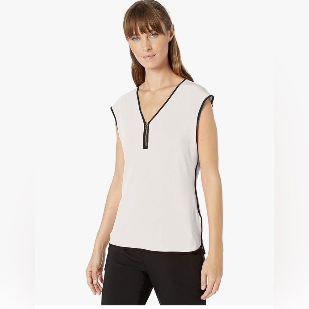 🆕 Calvin Klein CK Women’s V-Neck Zipper Piped with Zipper Hardware Cami Blouse L